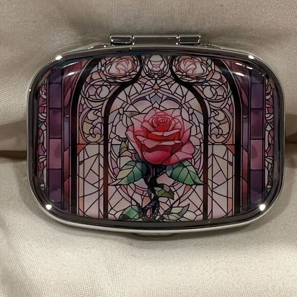 Rose Travel Pill Box 2 Compartment Decorative Medicine Pill Case Metal NEW - Picture 1 of 4